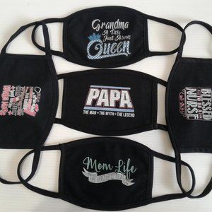 Set of 5 Family Member Printed Face Masks-Black